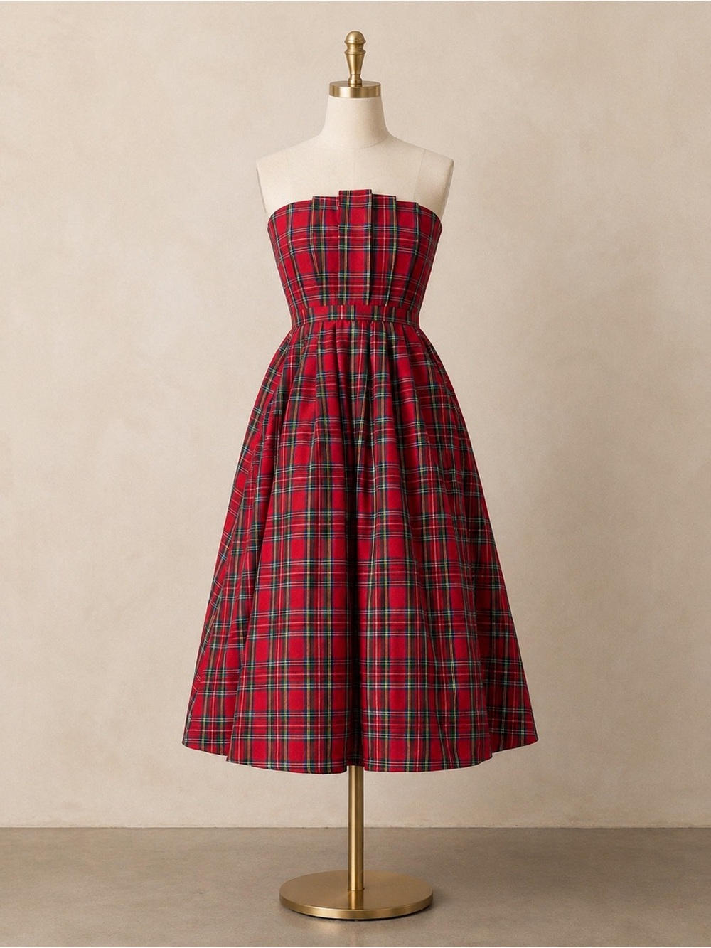 Size small entro classic plaid Red Tartan Strapless Midi Dress - Picture 1 of 3